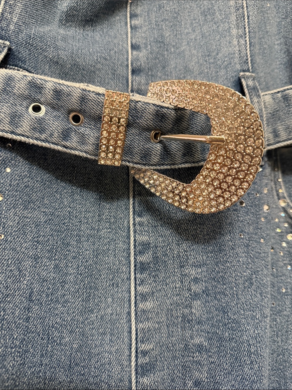 Show me your mummu Rhinestone Detail Denim Jumpsuit with Belt- Blue - Picture 2 of 6